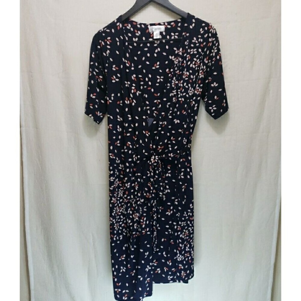 Motherhood Maternity Floral Faux Wrap Midi Dress Size L Navy Belt Tie 1/2 Sleeve
